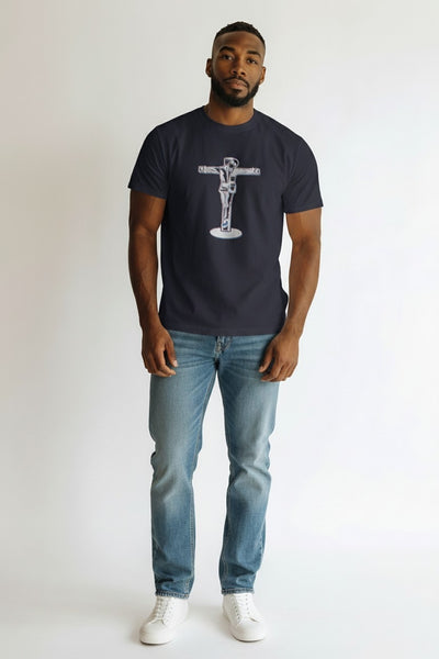 Tribal Navy Blue Boiler Suit Man on Cross Mens T-Shirt