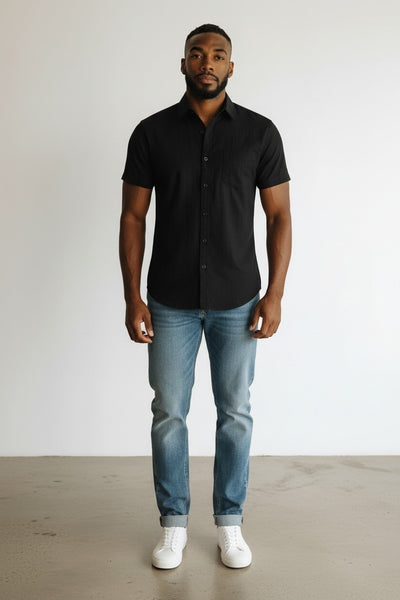 Zeroyaa Black Fitted Cotton Like Linen Casual Short Sleeve Mens Shirt