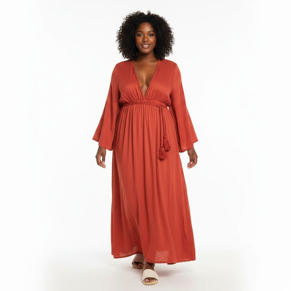 Boohoo Plus Rust Cheesecloth Batwing Maxi Womens Dress