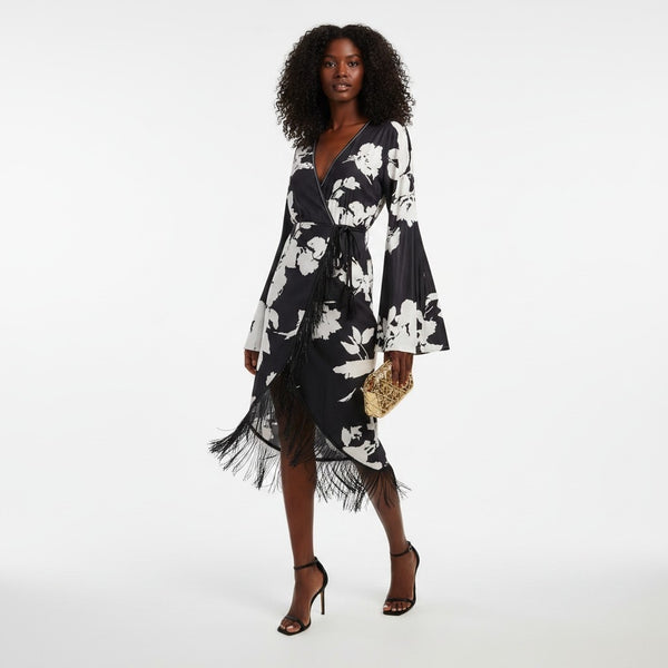 Boohoo Black Floral Print Tassel Hem Wrap Womens Midi Dress