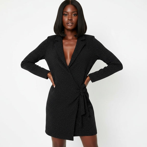 Boohoo Black Side Tie Silver Metallic Blazer Party Womens Dress