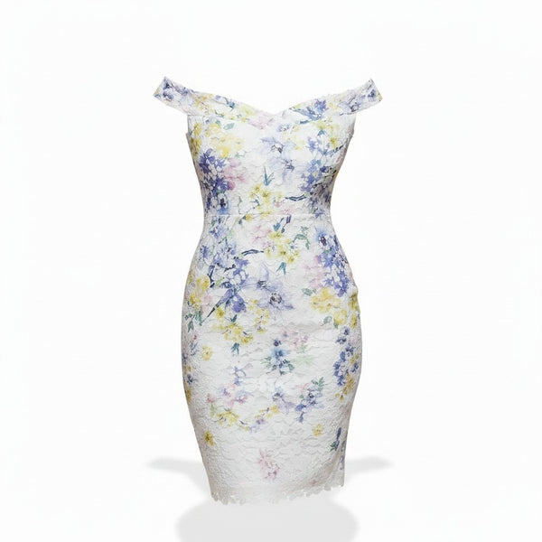 Lipsy London Kate Upton Penelope Print Lace Bardot Midi Womens Dress
