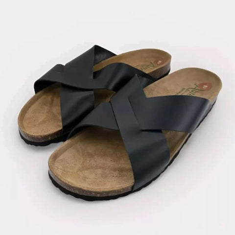 Autenti Leather Black Overlay Design Mens Sandals