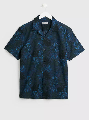 Tu Navy Blue Tropical Leaf Print Mens Shirt