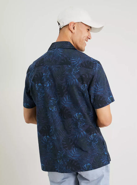 Tu Navy Blue Tropical Leaf Print Mens Shirt