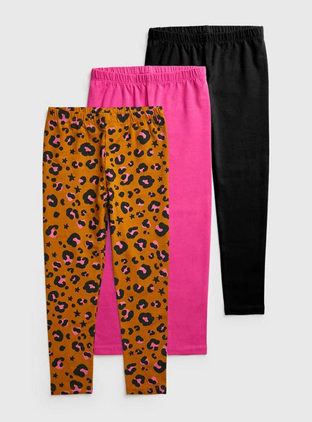 Tu 3 Pack Leopard & Plain Older Girls Leggings