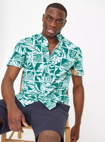 Tu Green Leaf Print Slim Fit Mens Shirt