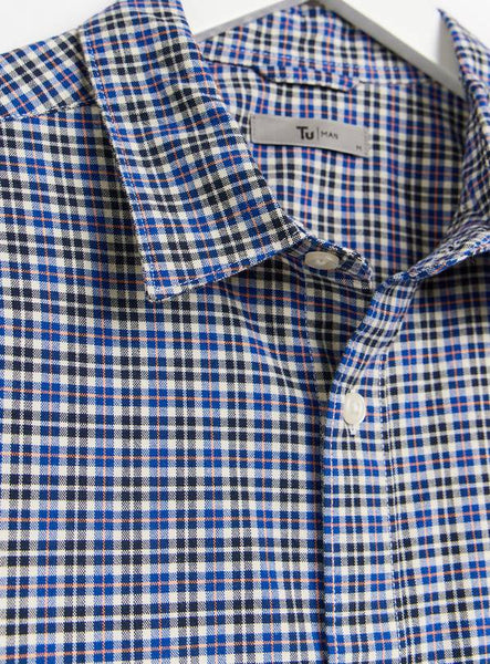 Tu Blue Micro Check Slim Fit Oxford Mens Shirt