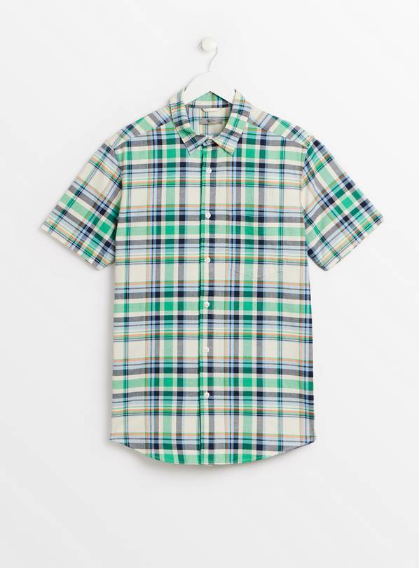 Tu Green Check Slim Fit Short Sleeve Oxford Mens Shirt
