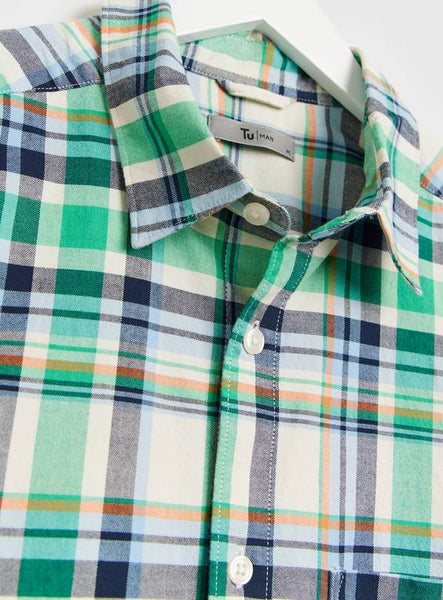 Tu Green Check Slim Fit Short Sleeve Oxford Mens Shirt