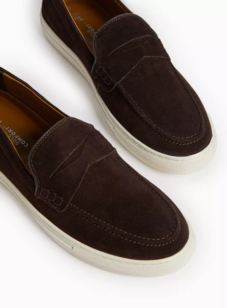 Tu Dark Brown Leather Suede Cupsole Mens Loafers
