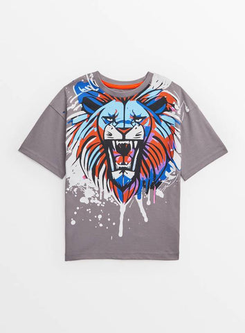 Tu Grey Lion Print Short Sleeve Younger Boys T-Shirt