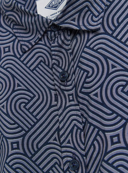 Union Works Navy Geometric Printed Long Sleeve Mens Shirt