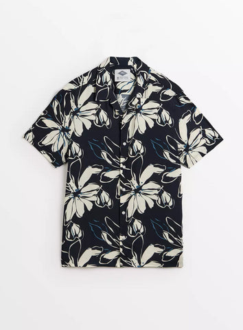 Union Works Navy Abstract Floral Print Short Sleeve Mens Shirt