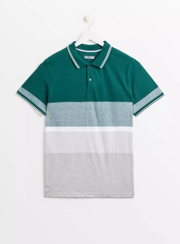 Tu Green Colour Block Stripe Mens Polo Shirt