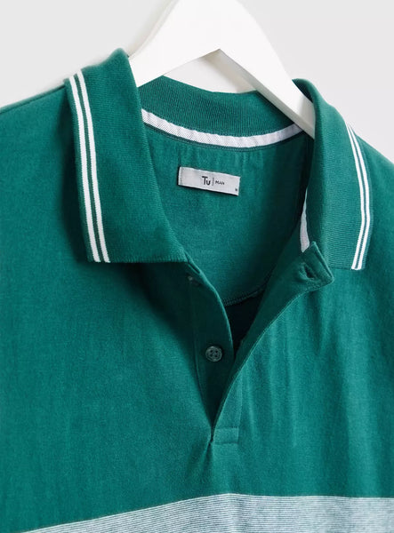Tu Green Colour Block Stripe Mens Polo Shirt