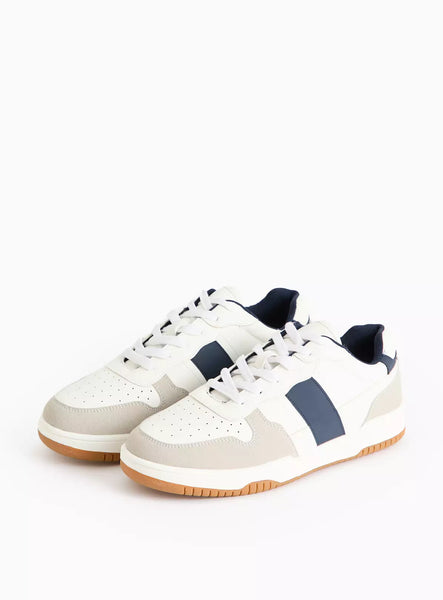 Tu White Contrast Navy Faux Leather Mens Trainers