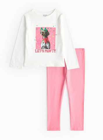 Tu Dog Print Long Sleeve T-Shirt & Pink Leggings Younger Girls Set