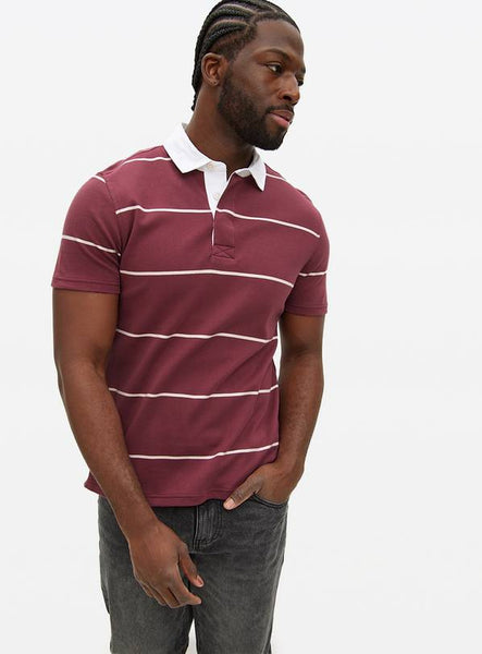 Tu Dark Red Stripe Rugby Mens Short Sleeve  Polo Shirt