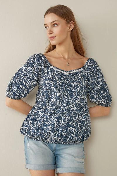 Next Navy Leaf Bubble Hem Womens Top - Stockpoint Apparel Outlet