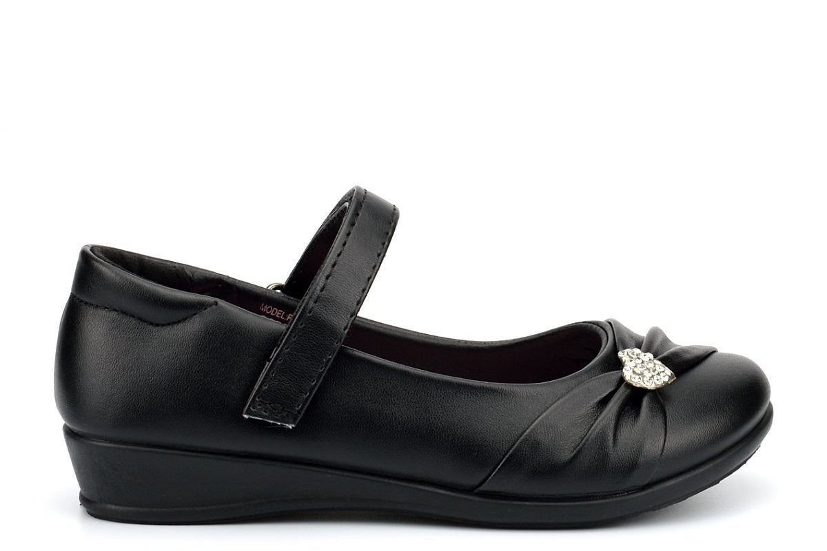 US Brass Girls Touch Fasten School Shoes With Diamante Heart Detail - Stockpoint Apparel Outlet