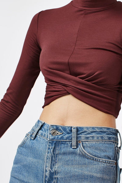 Topshop Petite Womens Wine Long Sleeve Twist Front Crop Top - Stockpoint Apparel Outlet