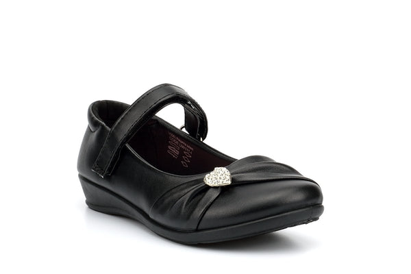 US Brass Girls Touch Fasten School Shoes With Diamante Heart Detail - Stockpoint Apparel Outlet