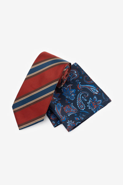 Next Mens Red Striped Tie and Paisley Square Pocket Square Set - Stockpoint Apparel Outlet