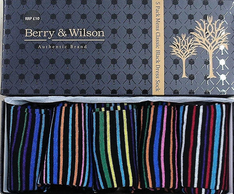 Berry & Wilson Mens 5 Pairs Multi Colour Striped Cotton Socks Gift Box Set - Stockpoint Apparel Outlet