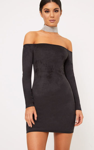 PrettyLittleThing Womens Violla Black Suede Bardot Long Sleeve Bodycon Dress - Stockpoint Apparel Outlet