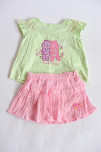 Care Bares Baby Girls Lemon Green Blouse & Pink Skirt 2 Piece Set