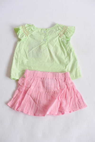 Care Bares Baby Girls Lemon Green Blouse & Pink Skirt 2 Piece Set