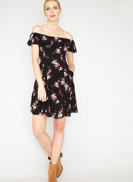 Miss Selfridge Womens Black Floral Print Bardot Skater Dress - Stockpoint Apparel Outlet