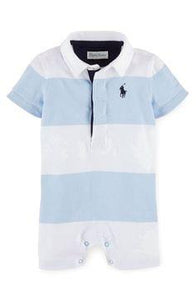 Polo by Ralph Lauren White Collar Sky Blue Stripe Romper - Stockpoint Apparel Outlet