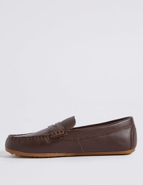M&S Brown Leather Older Boys Driving Shoes - Stockpoint Apparel Outlet