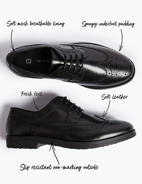 M&S Leather Black Brogue Boys School Shoes - Stockpoint Apparel Outlet