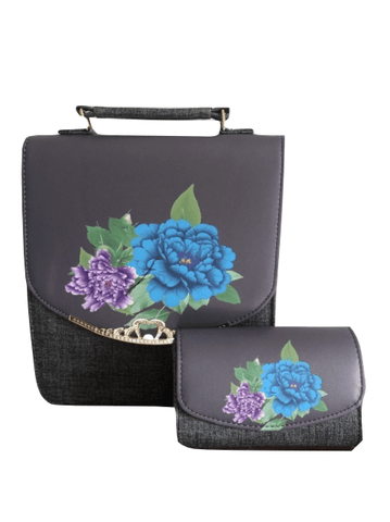 Salems Black Grey 2-in-1 Floral Detail Womens Handbag