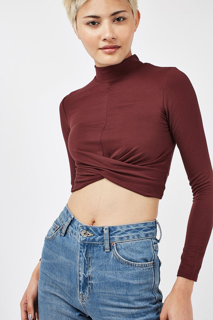 Topshop Petite Womens Wine Long Sleeve Twist Front Crop Top – Stockpoint  Apparel Outlet