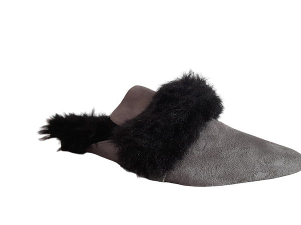 Ego Grey Suede Black Fur Womens Slip on Sandals - Stockpoint Apparel Outlet