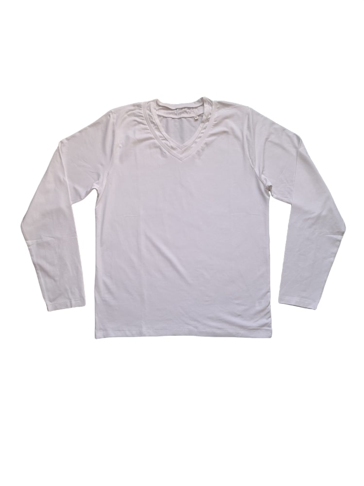 White Double V-Neck Long Sleeve Mens T-Shirt - Stockpoint Apparel Outlet