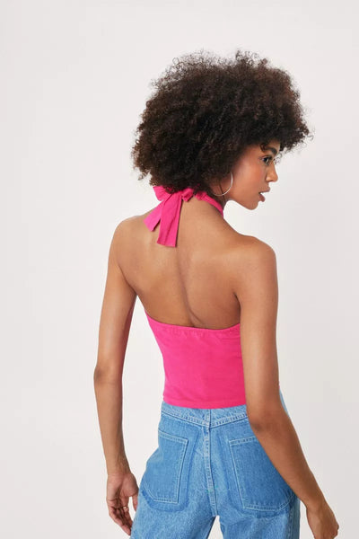 NastyGal Halter Neck Plunging Fushia Ladies Crop Top - Stockpoint Apparel Outlet