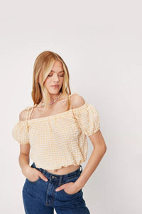 NastyGal Cold Shoulder Cropped Textured Check Smock Ladies Blouse - Stockpoint Apparel Outlet