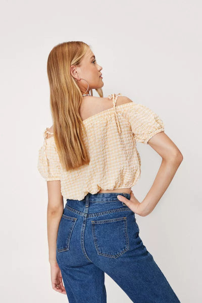 NastyGal Cold Shoulder Cropped Textured Check Smock Ladies Blouse - Stockpoint Apparel Outlet