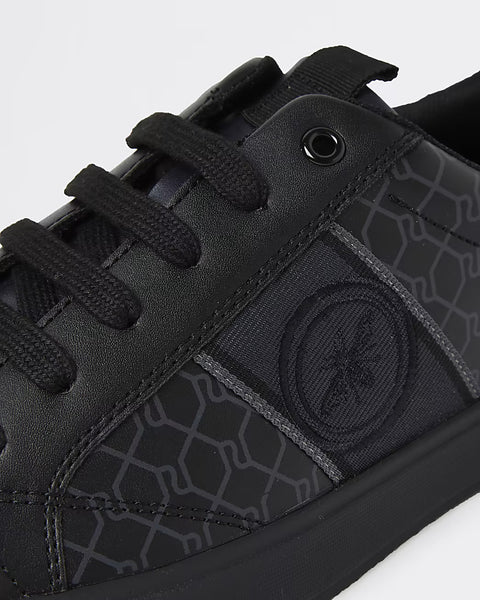 River Island Black RI Monogram Lace up Mens Trainers - Stockpoint Apparel Outlet