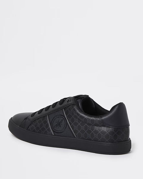 River Island Black RI Monogram Lace up Mens Trainers - Stockpoint Apparel Outlet