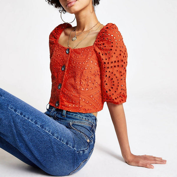 River Island Red Broderie Puff Sleeve Womens Crop Top - Stockpoint Apparel Outlet