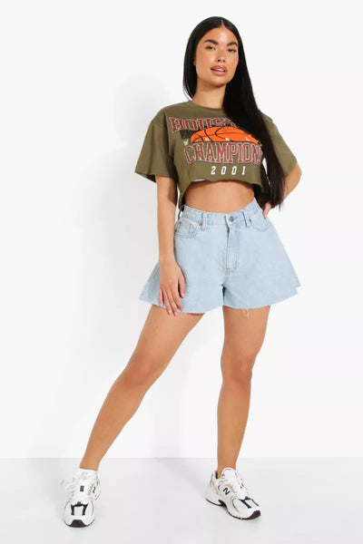 Boohoo Petite Khaki Houston Printed Crop Ladies T-Shirt - Stockpoint Apparel Outlet