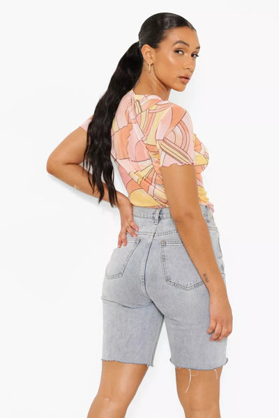 Boohoo Abstract Floral Printed Mesh Short Sleeve Womens Top - Stockpoint Apparel Outlet