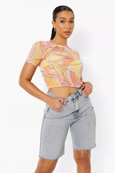 Boohoo Abstract Floral Printed Mesh Short Sleeve Womens Top - Stockpoint Apparel Outlet