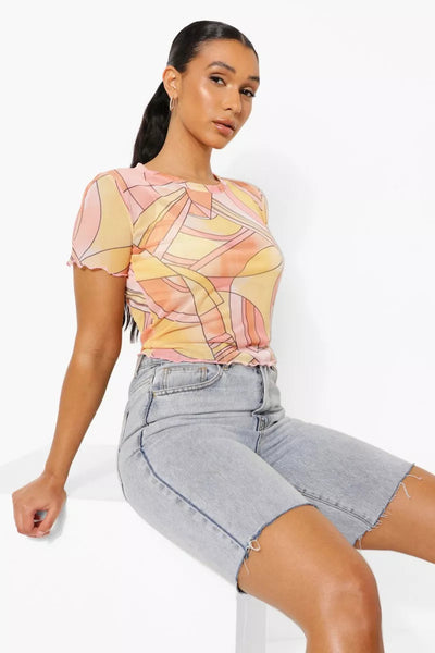 Boohoo Abstract Floral Printed Mesh Short Sleeve Womens Top - Stockpoint Apparel Outlet